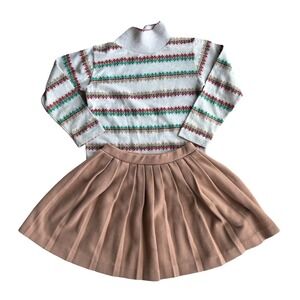 Vintage Health-tex Girls 6x Skirt Set Fair Isle Snowflake Turtleneck Pleated Tan